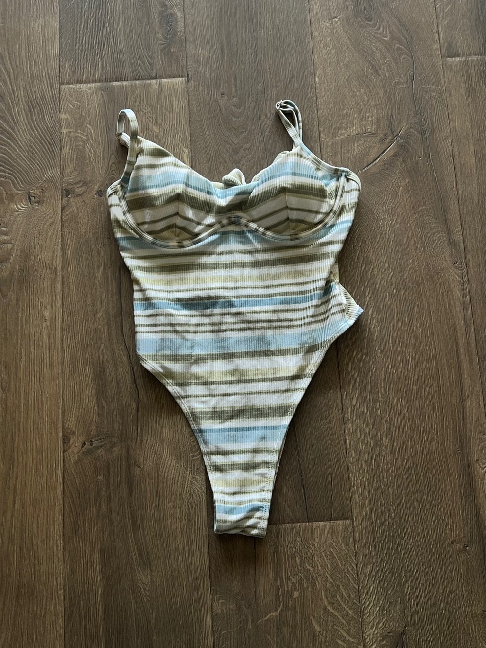 Cupshe Striped Ribbed One-Piece Swimsuit in Blue & Olive